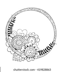 Hand drawn floral frame made of various flowers and leaves. Template design with space for text.