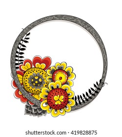 Hand drawn floral frame made of various flowers and leaves. Template design with space for text.