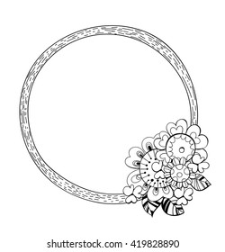 Hand drawn floral frame made of various flowers and leaves. Template design with space for text.