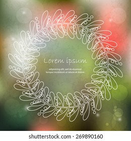 Hand drawn floral frame on a blurred vector background with lights and a place for your text. Perfect for greetings, invitations, save the date, wedding card, announcement, web design.