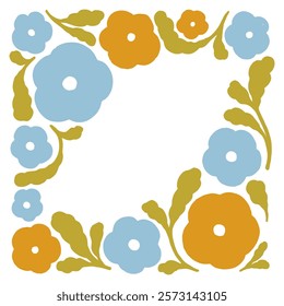 Hand drawn floral frame. Retro groovy floral illustration. Abstract design elements for cards, invitations. Flat vector illustration isolated on a white background.