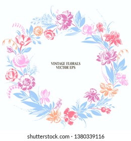 Hand drawn floral frame with roses, dahlia, poppy, narcissus, daisy, leaves in light blue, purple, orange, red, pink colors. Decorative art flowers vintage style wreath with round space.