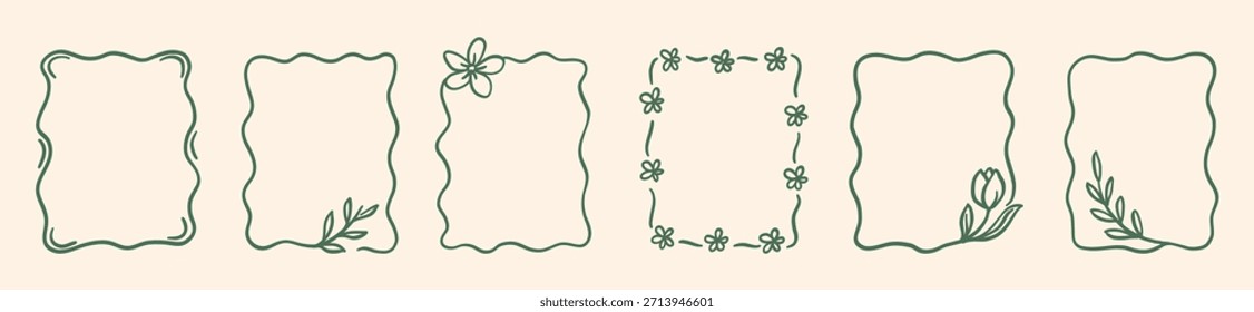 Marco floral dibujado a mano en estilo de arte de línea mínima. Bordes decorativos con hojas y flores para branding, packaging, invitaciones, planificadores, bodas y diseños femeninos.