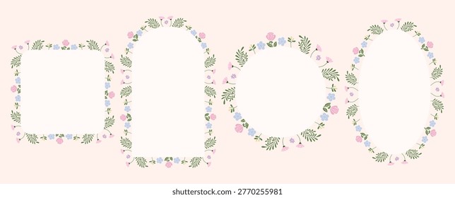 Hand Drawn Floral Frame Set with Pastel Spring Flowers
