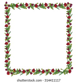 Hand drawn floral frame, a square made from poppy flowers and leaves. Could be used as an invitation, greeting card or label template.