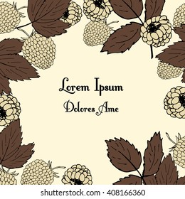 Hand drawn floral frame. Summer fruits. Summer berries. Raspberry and leaves. Vector illustration