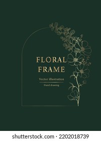 Hand drawn floral frame.  White line botanical wreat borders and divider with branch vector illustration.  Elegant line wedding herb, elegant leaves for invitation save  the date card.