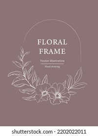 Hand drawn floral frame.  White line botanical wreat borders and divider with branch vector illustration.  Elegant line wedding herb, elegant leaves for invitation save  the date card.