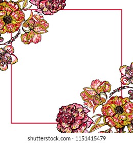 Hand drawn floral frames, beautiful peony vector illustration template. Design elements for wedding invitations, posters, web, postcards 