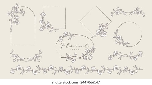 Hand drawn floral frames with blooming branches and flowers. Elegant vector botanical borders, wreaths and dividers, decor set for wedding invitation, card, design, logo, branding, packaging