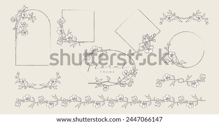 Hand drawn floral frames with blooming branches and flowers. Elegant vector botanical borders, wreaths and dividers, decor set for wedding invitation, card, design, logo, branding, packaging