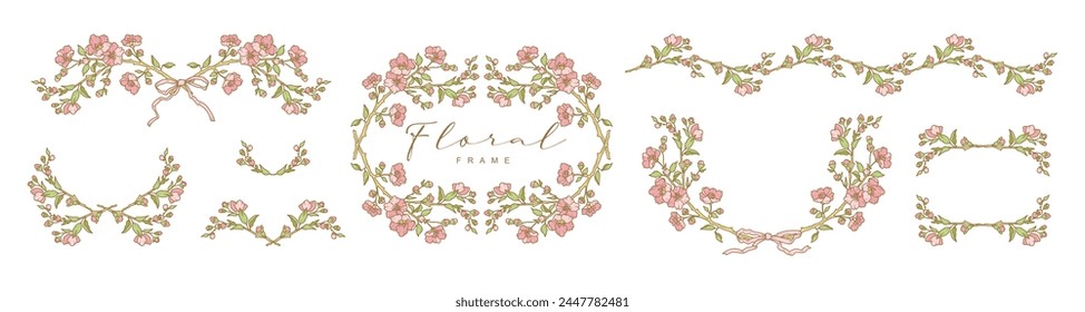 Hand drawn floral frames and borders. Elegant vintage flowers wreaths. Vector botanical decor elements for label, corporate identity, branding, wedding invitation, greeting card, save the date