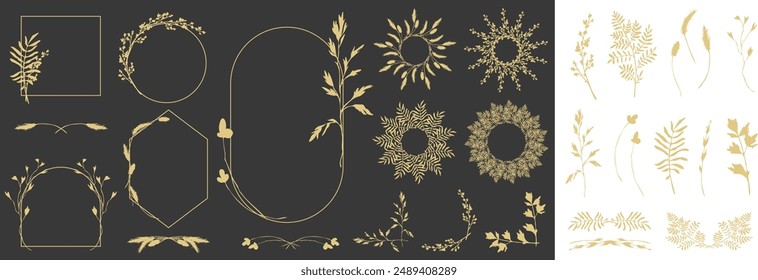 Marcos florales dibujados a mano, bordes, divisores, esquinas con hierbas y ramas. Follaje botánico vintage para invitación de boda, arte de la pared o Plantilla de la tarjeta. Dibujo minimalista de arte lineal.