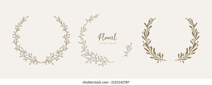 Marcos florales dibujados a mano con rama y hojas. Elegante plantilla de logotipo. Ilustración vectorial de las etiquetas, 
identidad de negocio de marca, invitación de boda