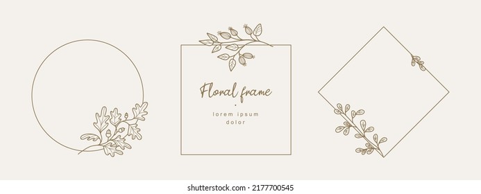 Hand drawn floral frames with branches and leaves. Elegant logo template. Vector illustration vintage decorative elements for label, branding business identity, wedding invitation, greeting card