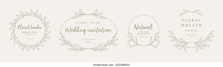 Marcos florales dibujados a mano con ramas y hojas. Elegante plantilla de logotipo. Ilustración vectorial para etiquetas, identidad comercial de marca, invitación a boda