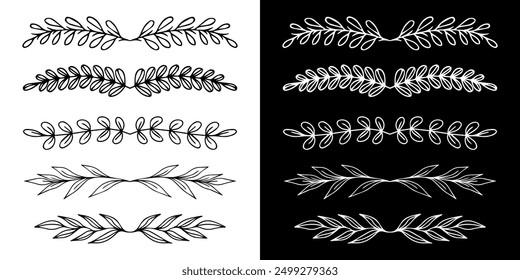 Marcos florales dibujados a mano con ramas y hojas. Elementos botánicos de moda en estilo de arte de línea sobre fondo blanco y negro. Vector para etiqueta, identidad corporativa, invitación de boda o tarjeta.
