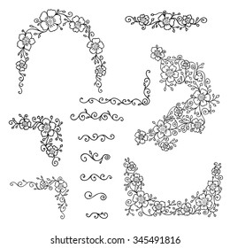 Hand drawn floral frames, corners and borders. Vector design elements for tags, labels, cards.