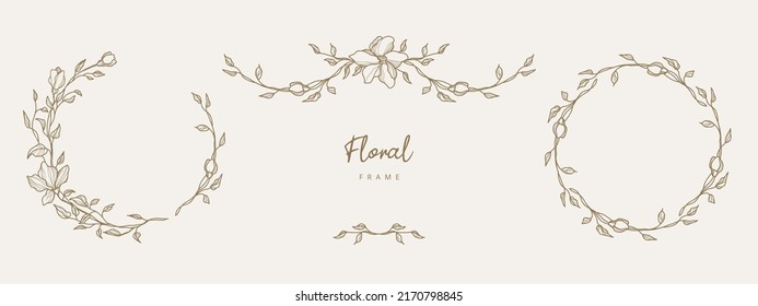 Hand drawn floral frames and divider with flowers and leaves.Elegant logo template.Vector illustration vintage decorative elements for label,branding business identity,wedding invitation,greeting card