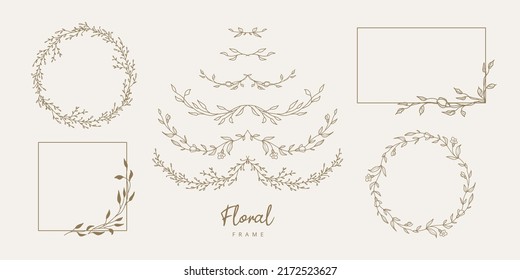 Hand drawn floral frames and divider with flowers and leaves.Elegant logo template.Vector illustration vintage decorative elements for label,branding business identity,wedding invitation,greeting card