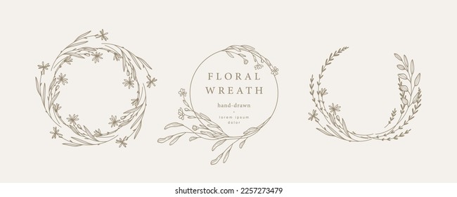 Hand drawn floral frames. Elegant vintage wreath. Bouquet of spring summer flowers. Vector illustration for labels, corporate identity, wedding invitation