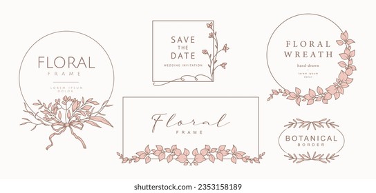 Hand drawn floral frames. Elegant vintage wreaths. Vector illustration, botanical decor elements for logo, label, corporate identity, branding, wedding invitation, greeting card, save the date