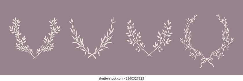 Hand drawn floral frames. Elegant laurel wreaths. Vector illustration, botanical decor elements for logo, label, corporate identity, branding, wedding invitation, greeting card, save the date