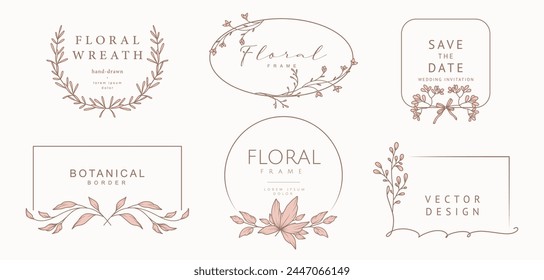 Hand drawn floral frames. Elegant vintage wreaths. Vector illustration, botanical decor elements for logo, label, corporate identity, branding, wedding invitation, greeting card, save the date