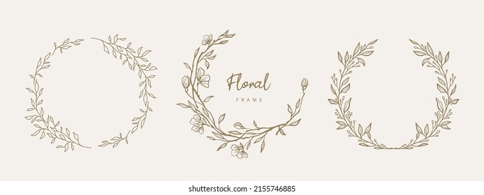 Marcos florales dibujados a mano con flores, rama y hojas. Elegante plantilla de logotipo. Ilustración vectorial de las etiquetas, 
identidad de negocio de marca, invitación de boda