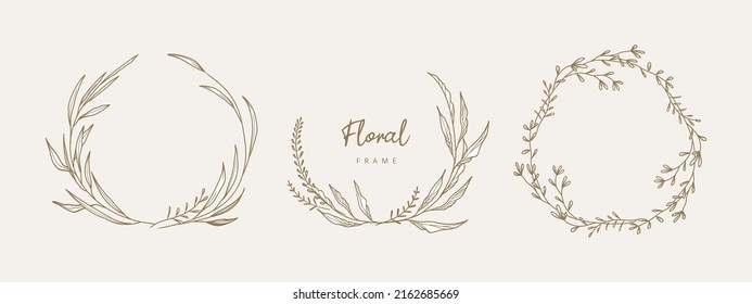 Hand drawn floral frames with flowers,  branch and leaves. Elegant logo template. Vector illustration for labels, branding business identity, wedding invitation