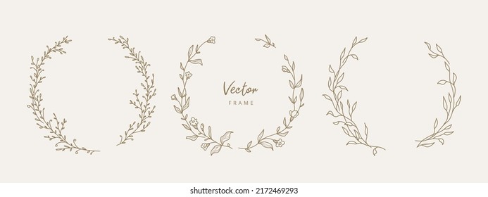 Hand drawn floral frames with flowers,  branch and leaves. Elegant logo template. Vector illustration for labels, 
branding business identity, wedding invitation