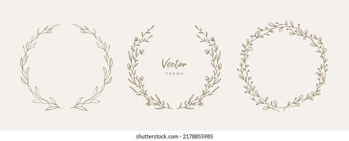 Hand drawn floral frames with flowers, branch and leaves. Wreath. Elegant logo template. Vector illustration for labels, branding business identity, wedding invitation