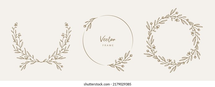 Hand drawn floral frames with flowers, branch and leaves. Wreath. Elegant logo template. Vector illustration for labels, branding business identity, wedding invitation