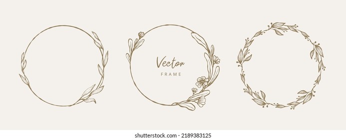 Hand drawn floral frames with flowers, branch and leaves. Wreath. Elegant logo template. Vector illustration for labels, branding business identity, wedding invitation