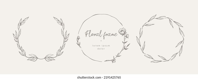 Hand drawn floral frames with flowers, branch and leaves. Wreath. Elegant logo template. Vector illustration for labels, branding business identity, wedding invitation