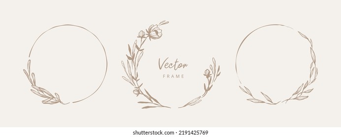 Marcos florales dibujados a mano con flores, rama y hojas. Wreath. Elegante plantilla de logotipo. Ilustración vectorial para etiquetas, identidad comercial de marca, invitación a boda