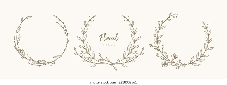 Hand drawn floral frames with flowers, branch and leaves. Wreath. Elegant logo template. Vector illustration botanical decoration elements for labels, branding business identity, wedding invitation