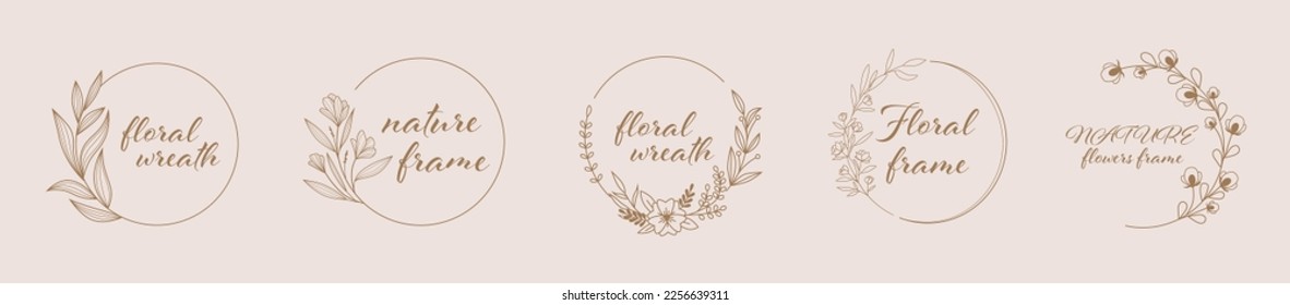 Hand drawn floral frames with flowers, branch and leaves. Vector illustration set