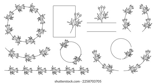 Hand drawn floral frames with flowers, branch and leaves. Vector wreaths, frames and floral elements for design. Set of floral elements. Frames in line art style