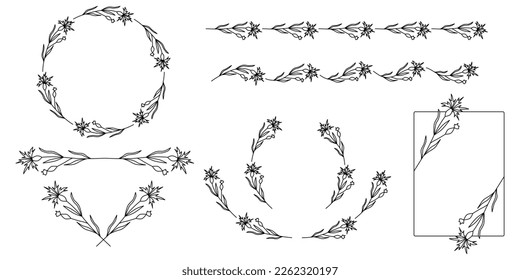 Hand drawn floral frames with flowers, branch and leaves. Vector wreaths, frames and floral elements for design. Set of floral elements. Frames in line art style