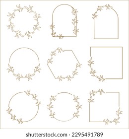 Marcos florales dibujados a mano con flores, rama y hojas. Wreath. Elegante plantilla de logotipo. Ilustración vectorial para etiquetas, identidad comercial de marca, invitación a boda