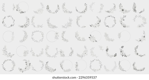 Hand drawn floral frames with flowers, branch and leaves. Vector illustration set