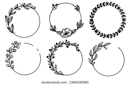 Hand drawn floral frames with flowers, branch and leaves. Botanical wreath. Laurel plant leaf, floral frame, round olive leaves, branch for greek wedding, crest logo.