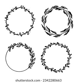 Hand drawn floral frames with flowers, branch and leaves. Botanical wreath. Laurel plant leaf, floral frame, round olive leaves, branch for greek wedding, crest logo.