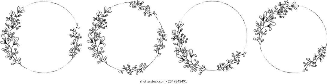 Marcos florales dibujados a mano con flores, rama y hojas. Elegante plantilla de logotipo. Ilustración vectorial para etiquetas, identidad comercial de marca, invitación a boda