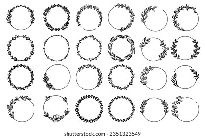 Hand drawn floral frames with flowers, branch and leaves. Botanical wreath. Laurel plant leaf, floral frame, round olive leaves, branch for greek wedding, crest logo.