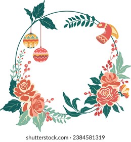 Handgezeichnete Blumenrahmen mit Blumen, Ast und Blättern.Weihnachtskranz mit Heiligenbeeren, Mistelbeeren, Kiefern- und Tannenfässern, Buchsen, Rouanbeeren. Weihnachten und glücklich neues Jahr Postkarte.