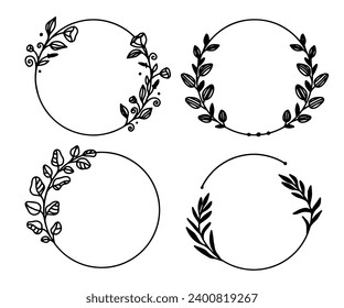 Hand drawn floral frames with flowers, branch and leaves. Botanical wreath. Laurel plant leaf, floral frame, round olive leaves, branch for greek wedding, crest logo.