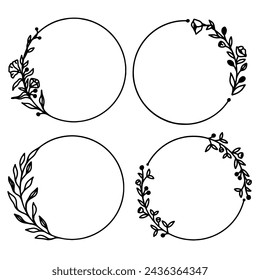 Hand drawn floral frames with flowers, branch and leaves. Botanical wreath. Laurel plant leaf, floral frame, round olive leaves, branch for greek wedding, crest logo.