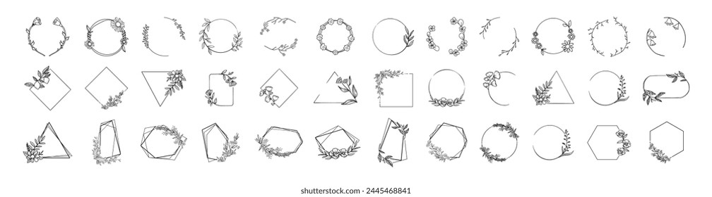 Hand drawn floral frames with flowers, branch and leaves. Wedding logo vector template. Botanical and floral logo element.
